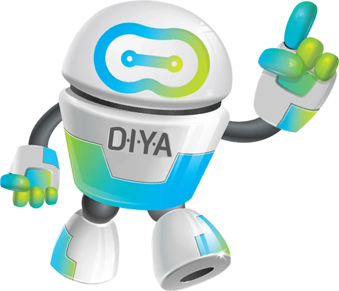 DIYA Robotics mascot with a raised hand